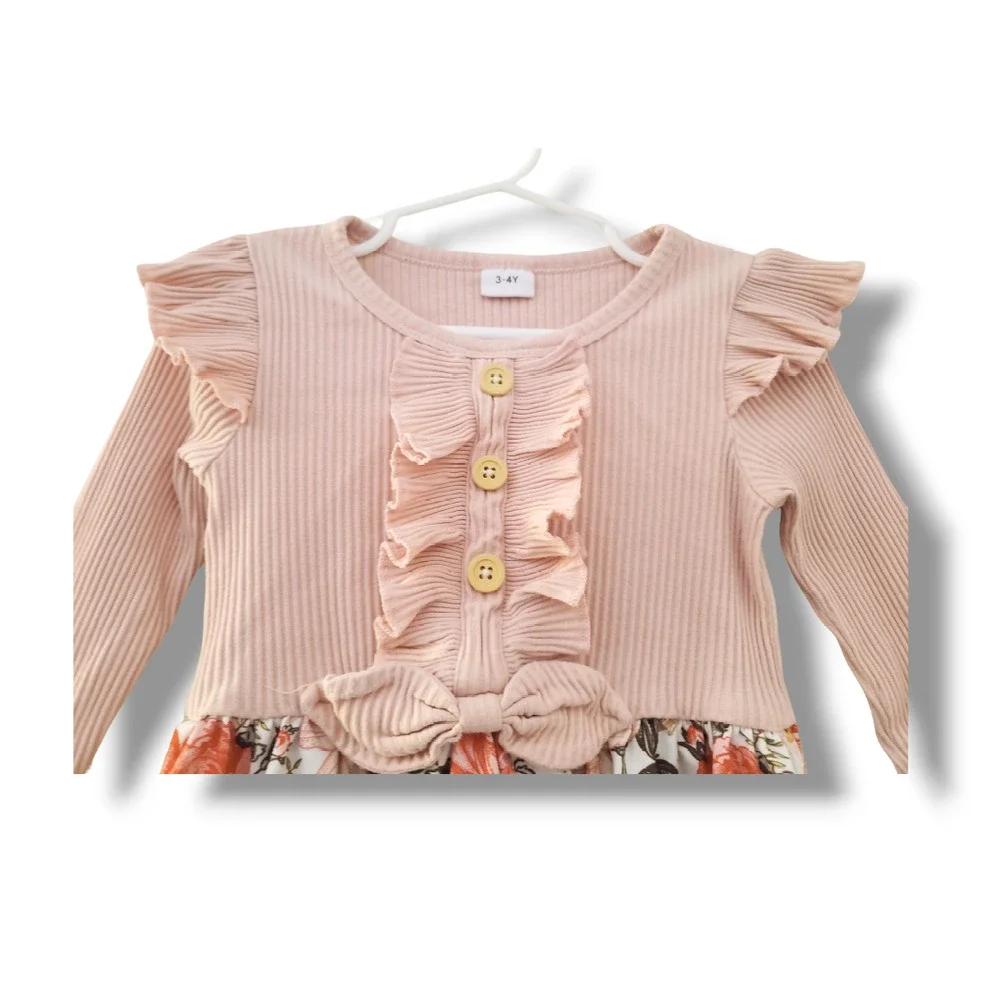 Girls Toddler 3/4 Floral Print Ruffle Bow Trim Dress
